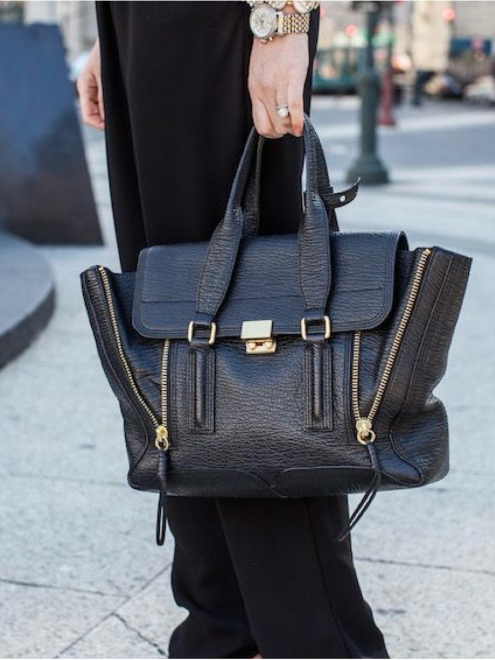3.1 Phillip Lim Medium Pashli Satchel - Black Leather with Gold Hardware